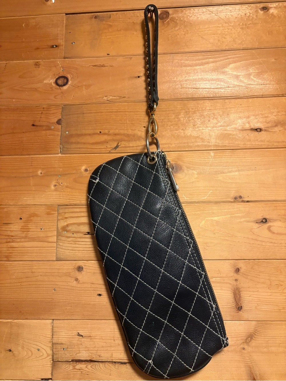 Kate Landry Women's Black Quilted Wristlet Studded Wrist Strap Zip Lined Pockets